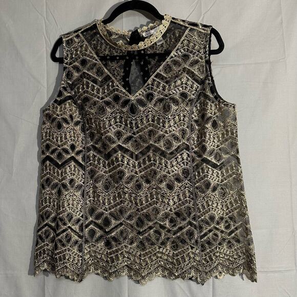 Y2K Vintage Top Women Large Black Lace Sheer Gold Metallic Crochet Glam Art Deco - Picture 8 of 10